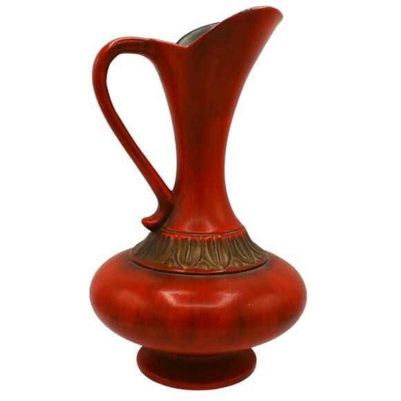 Vintage Haeger Pottery Red Matte Grecian Ewer Pitcher Gold Accents Mid Century - Picture 1 of 8